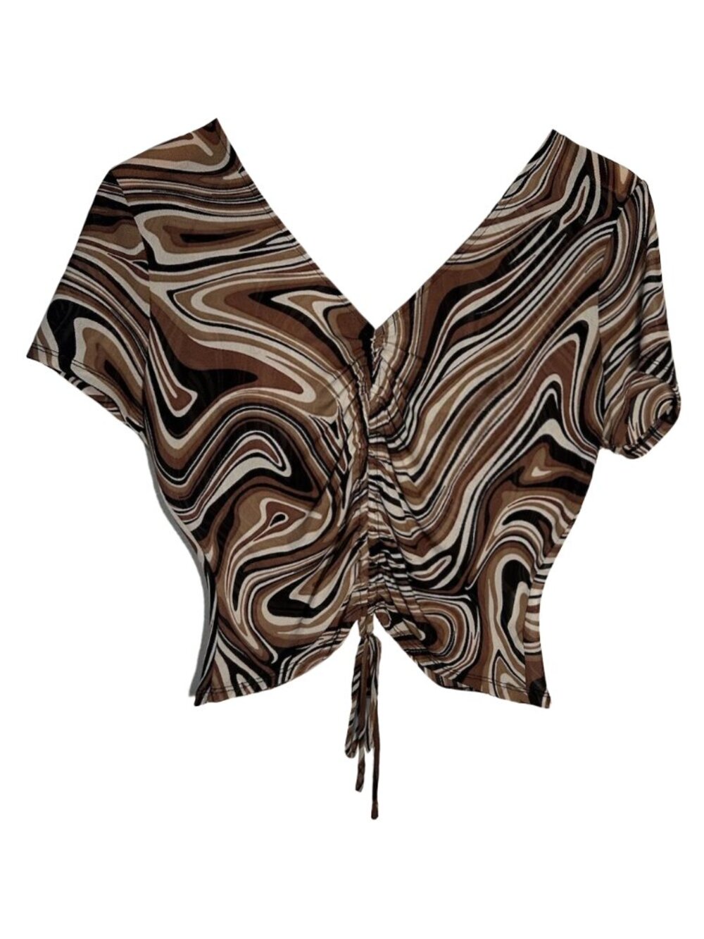 Brown Swirl Abstract Mesh Ruched Crop Top